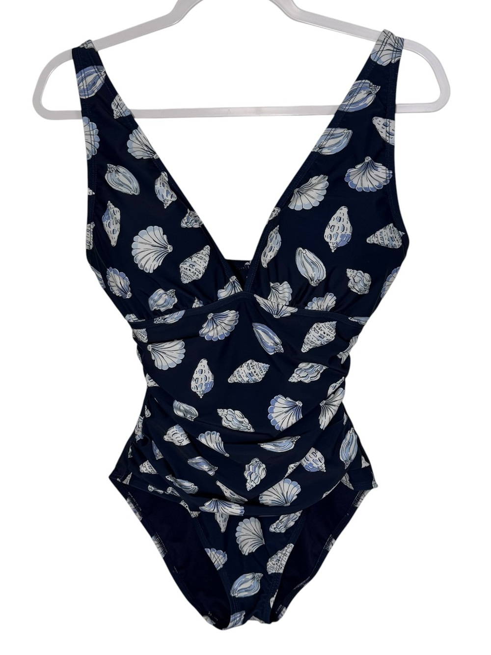 Ellen Tracy Swimsuit Women One Piece Slimming Ruched V Neck Shells Blue Women 10